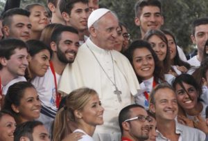 Pope Francis poses with young people during an encounter with youth in Cagliari, Sardinia, Sept. 22. (CNS photo/Paul Haring) (Sept. 23, 2013) See POPE-SARDINIA Sept. 23, 2013.